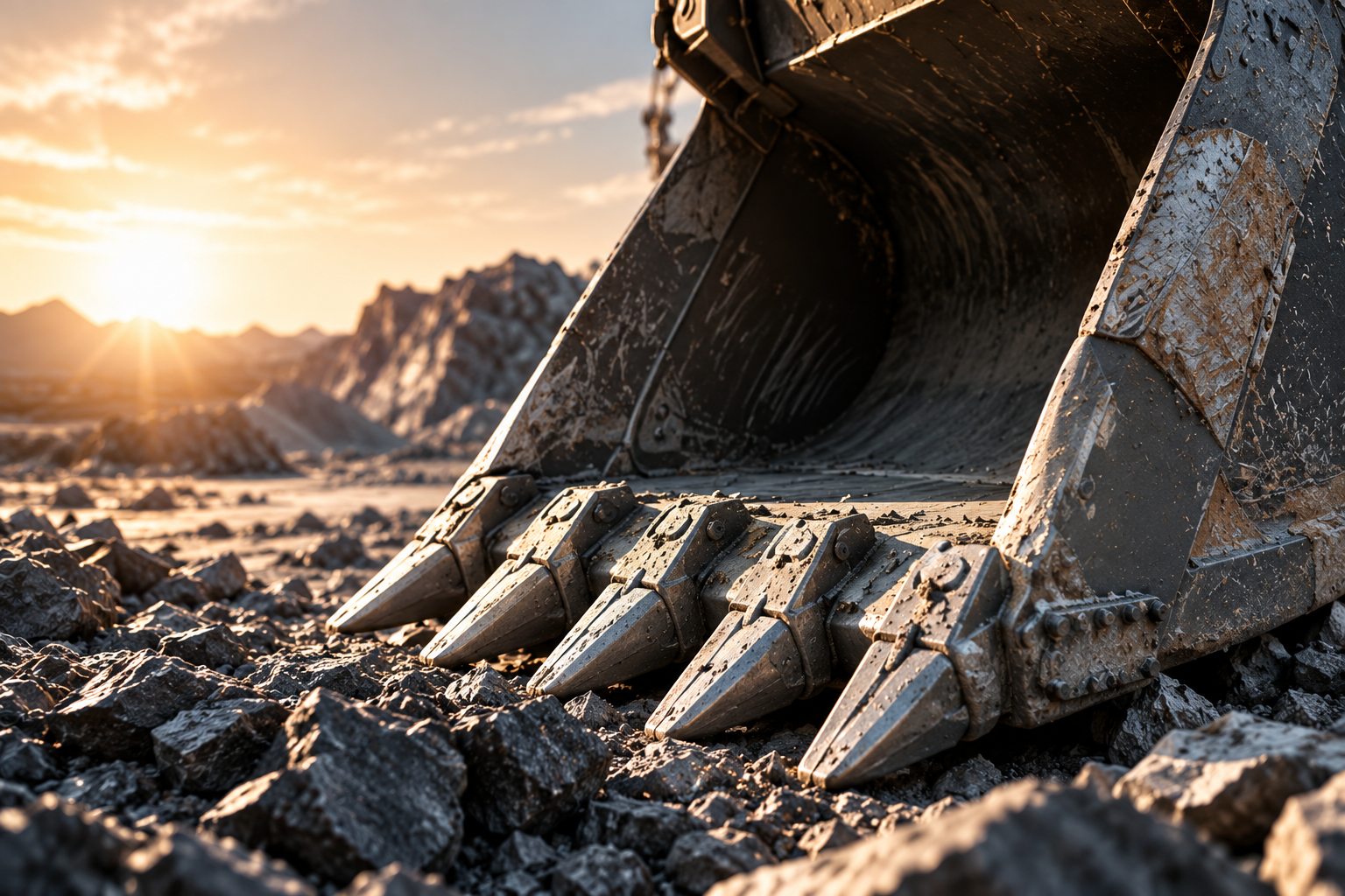 Toothed excavator bucket resting on broken rock in a quarry at sunrise