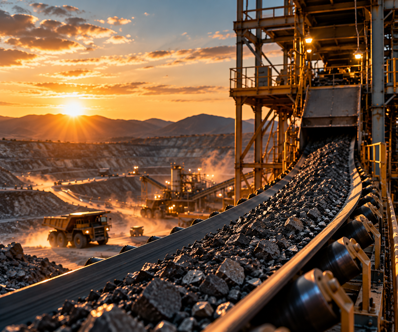 Conveyor feeding a processing plant above an open-pit mine at golden hour, with a haul truck on a terraced haul road